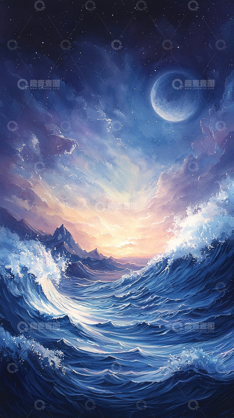 高清大图下载【趣麦麦图】壮丽海景星空月亮