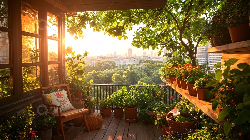 高清大图下载【趣麦麦图】阳台上的绿色植物沐浴在阳光下