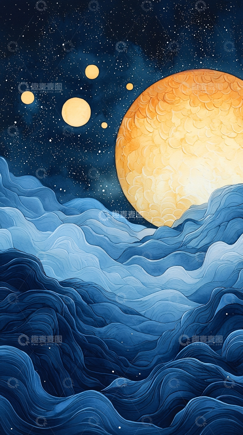 高清大图下载【趣麦麦图】梦幻星空月夜水彩风