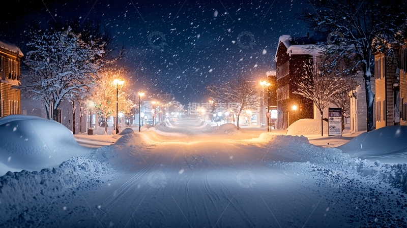 高清大图下载【趣麦麦图】冬夜雪景街道