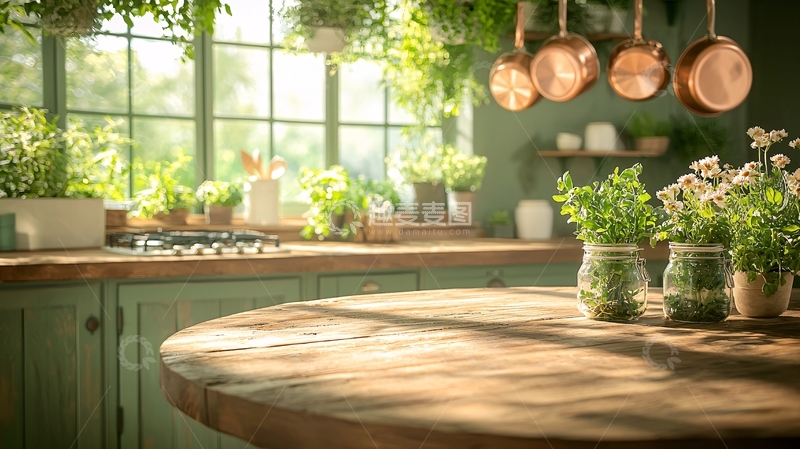 高清大图下载【趣麦麦图】阳光洒在充满绿植的厨房