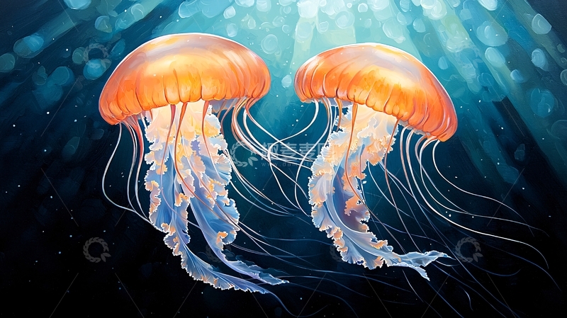 高清大图下载【趣麦麦图】两只水母在深海中