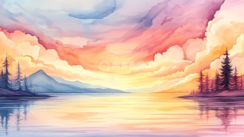 高清大图下载【趣麦麦图】水彩天空湖泊树木的风景