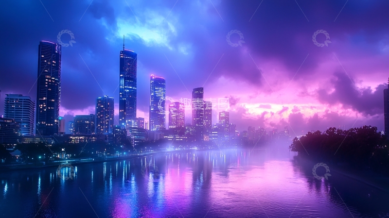 高清大图下载【趣麦麦图】霓虹城市夜景水面倒影