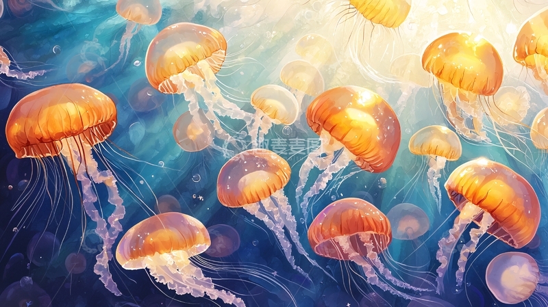 高清大图下载【趣麦麦图】橙色水母在水中漂浮