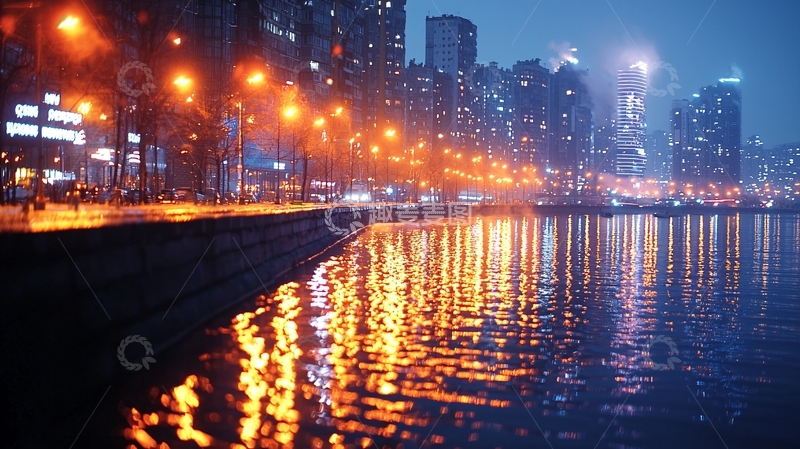 高清大图下载【趣麦麦图】夜幕下的城市滨水夜景