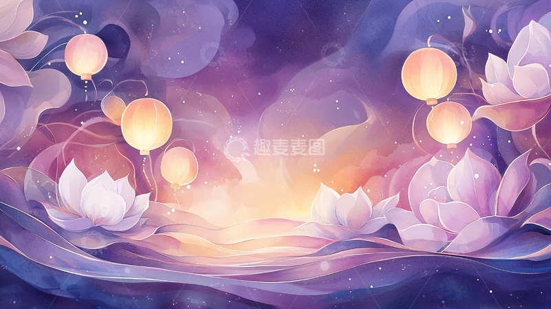高清大图下载【趣麦麦图】紫色梦幻荷花灯笼背景