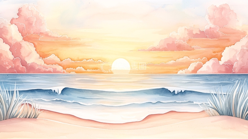 高清大图下载【趣麦麦图】日落海滩水彩