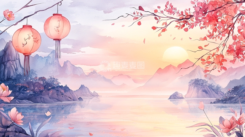 高清大图下载【趣麦麦图】水彩山水灯笼桃花背景图