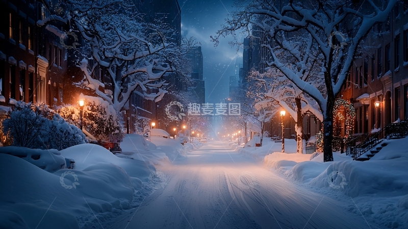 高清大图下载【趣麦麦图】雪后街道的静谧夜晚
