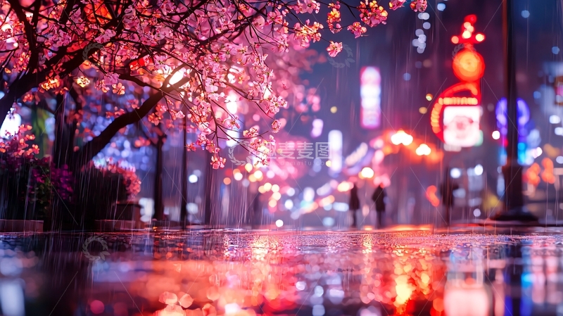 高清大图下载【趣麦麦图】夜樱雨后街道