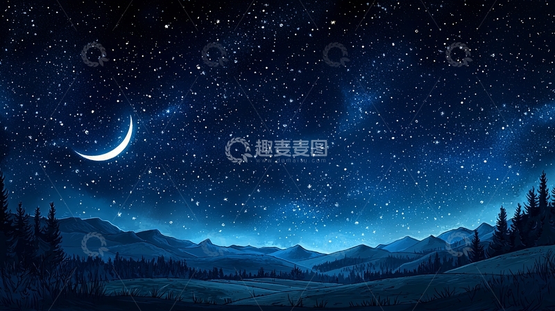 高清大图下载【趣麦麦图】星空月亮下的山峦