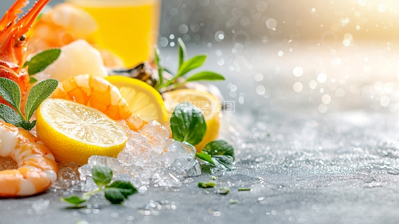 高清大图下载【趣麦麦图】新鲜虾肉与柠檬冰块