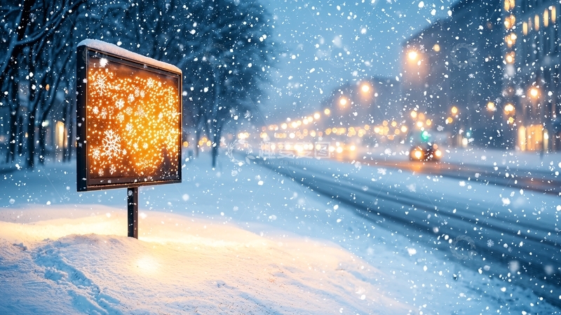 高清大图下载【趣麦麦图】雪夜城市街道广告牌