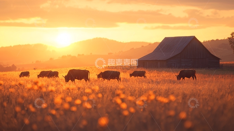 高清大图下载【趣麦麦图】金色夕阳下的田园牧歌