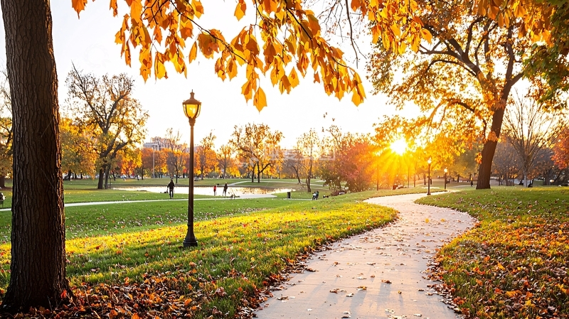 高清大图下载【趣麦麦图】秋日公园金色阳光洒在小路上