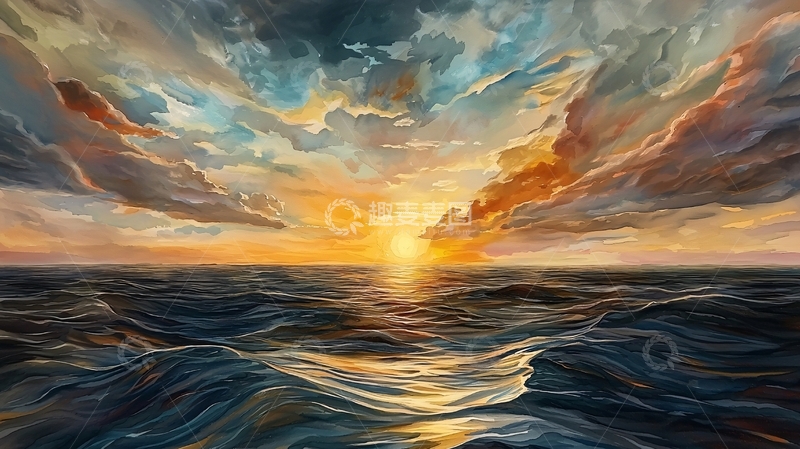 高清大图下载【趣麦麦图】海上日落云彩绚丽唯美