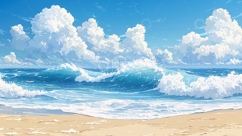 高清大图下载【趣麦麦图】蓝天白云海浪沙滩动漫背景