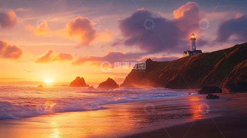 高清大图下载【趣麦麦图】海边灯塔日落的壮丽景色