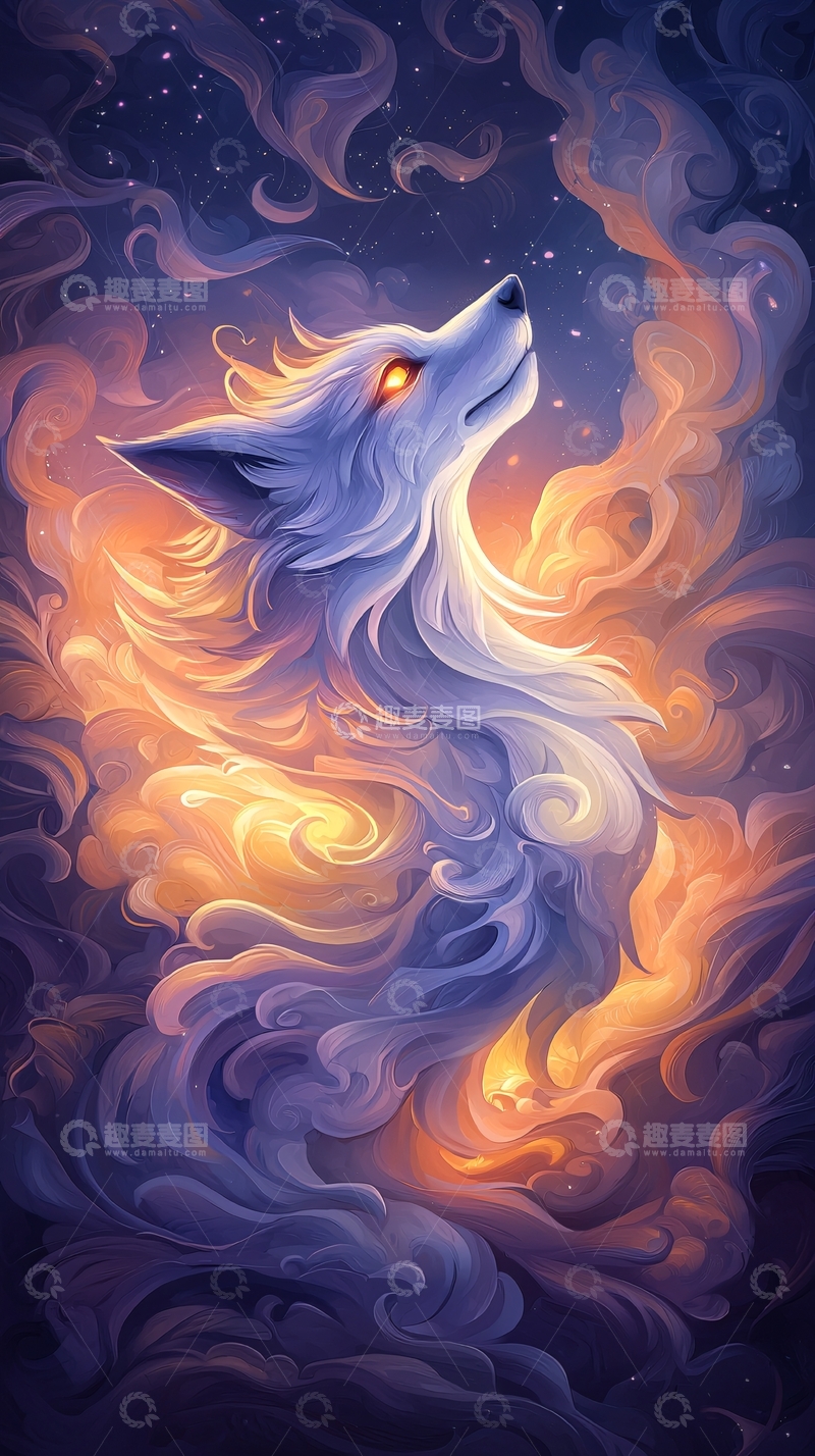 高清大图下载【趣麦麦图】仰望星空的白色火焰狼