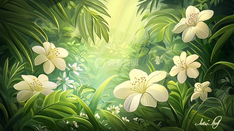 高清大图下载【趣麦麦图】绿叶中的白色花朵