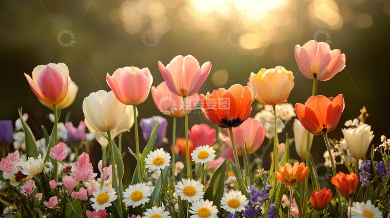 高清大图下载【趣麦麦图】多彩郁金香和雏菊花田