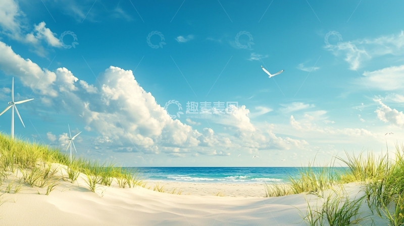 高清大图下载【趣麦麦图】蓝天白云下的海滩美景