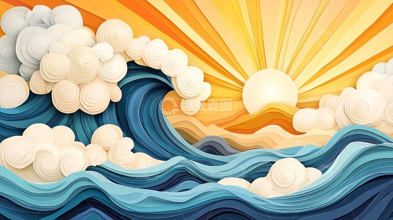 高清大图下载【趣麦麦图】海浪阳光云朵的纸艺风