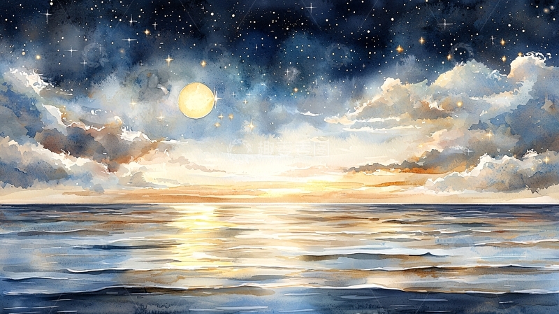 高清大图下载【趣麦麦图】水彩星空月亮海面云彩