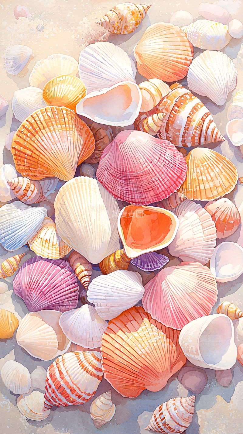 高清大图下载【趣麦麦图】彩色贝壳堆叠特写