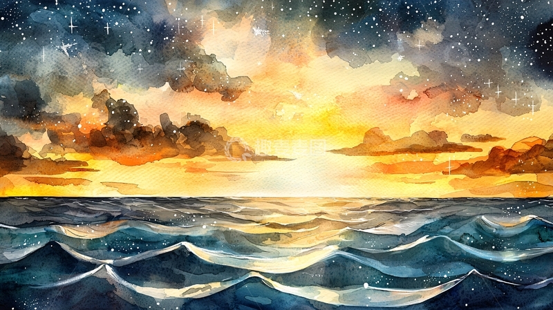 高清大图下载【趣麦麦图】水彩风格的海洋日落
