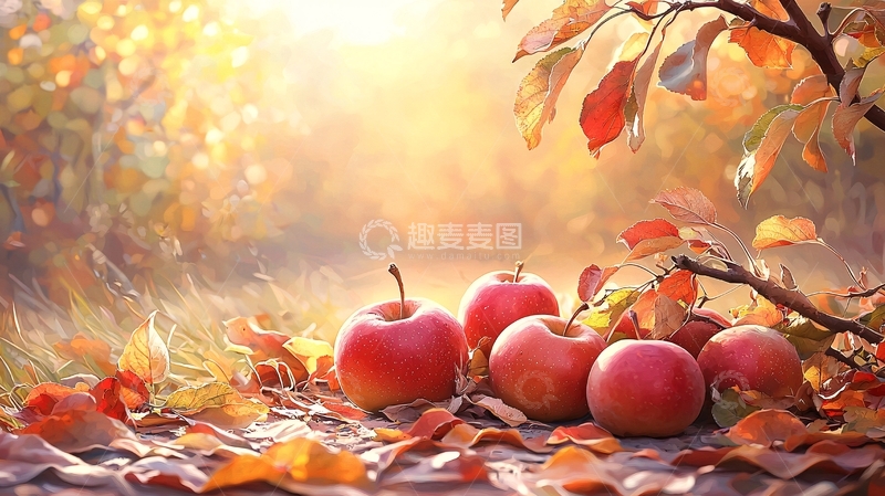 高清大图下载【趣麦麦图】秋日苹果与落叶的静物特写
