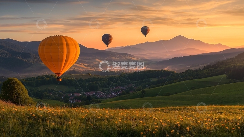 高清大图下载【趣麦麦图】金色热气球飞过山峦