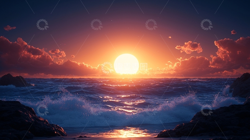 高清大图下载【趣麦麦图】海面日落景色