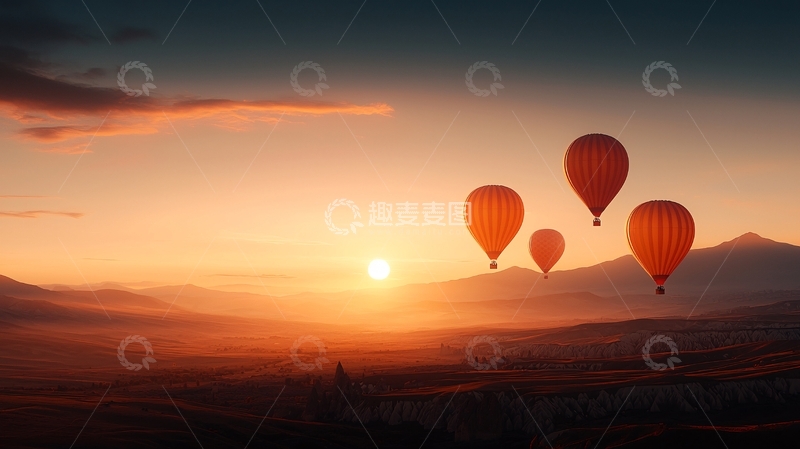 高清大图下载【趣麦麦图】热气球在日落时分飞翔