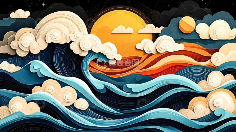 高清大图下载【趣麦麦图】海浪翻滚下的日出