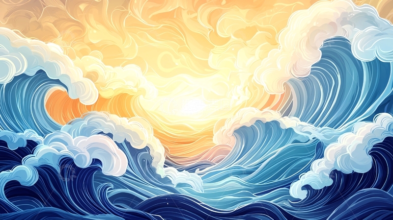 高清大图下载【趣麦麦图】波涛汹涌的海面日出