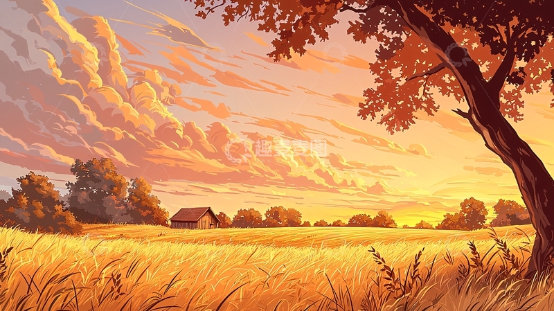 高清大图下载【趣麦麦图】金色田野上的日落乡村风光