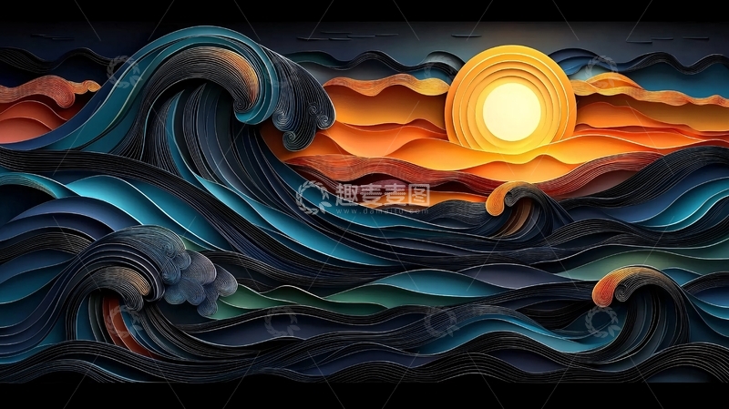 高清大图下载【趣麦麦图】海浪与落日交织的油画