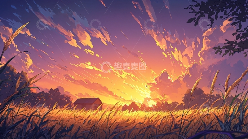 高清大图下载【趣麦麦图】日落田野金色光辉
