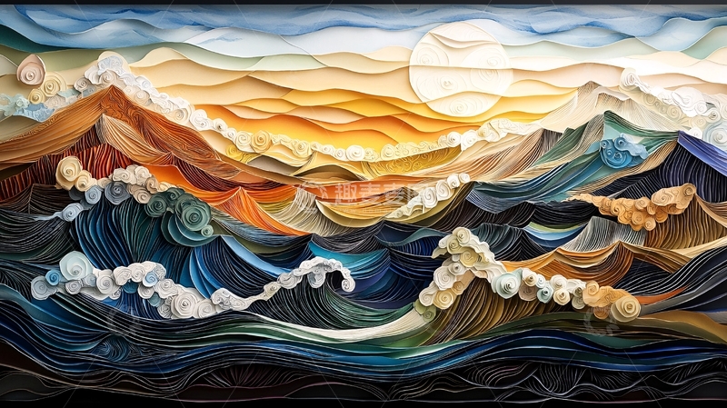 高清大图下载【趣麦麦图】波涛汹涌的海面日出