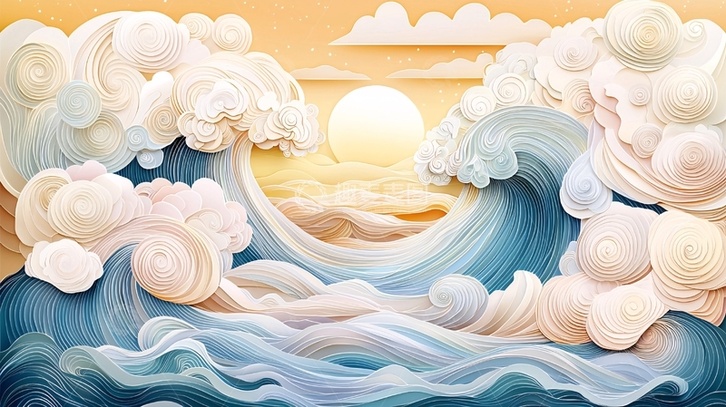 高清大图下载【趣麦麦图】金色阳光下的海浪翻滚