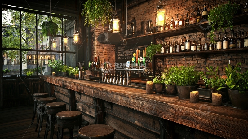 高清大图下载【趣麦麦图】复古酒吧柜台摆满酒