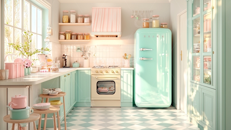 高清大图下载【趣麦麦图】粉色薄荷色厨房