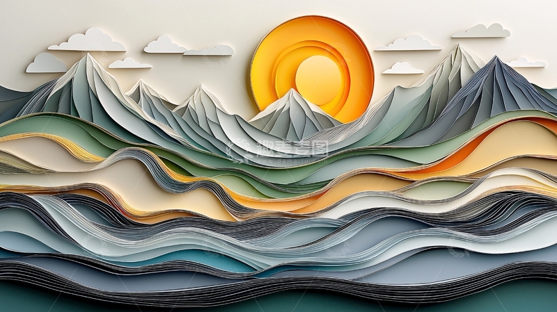 高清大图下载【趣麦麦图】纸艺山水日出风景