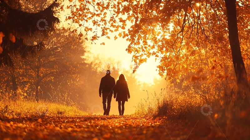 高清大图下载【趣麦麦图】秋日情侣林间漫步