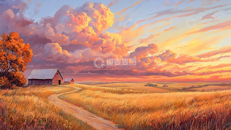 高清大图下载【趣麦麦图】田园风光日落云彩绘画