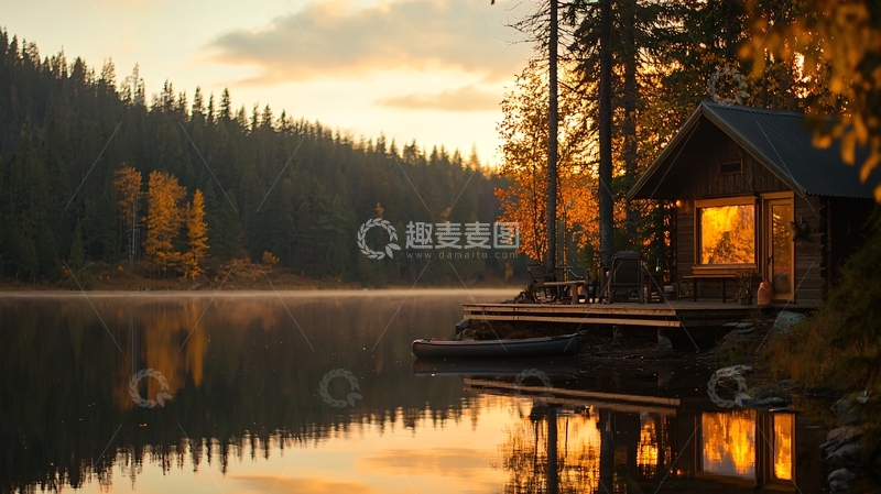 高清大图下载【趣麦麦图】宁静湖畔小屋黄昏