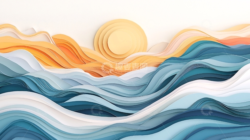 高清大图下载【趣麦麦图】抽象海浪与太阳