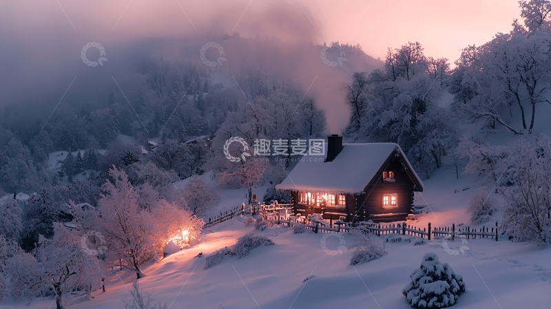 高清大图下载【趣麦麦图】雪山中的温暖小屋